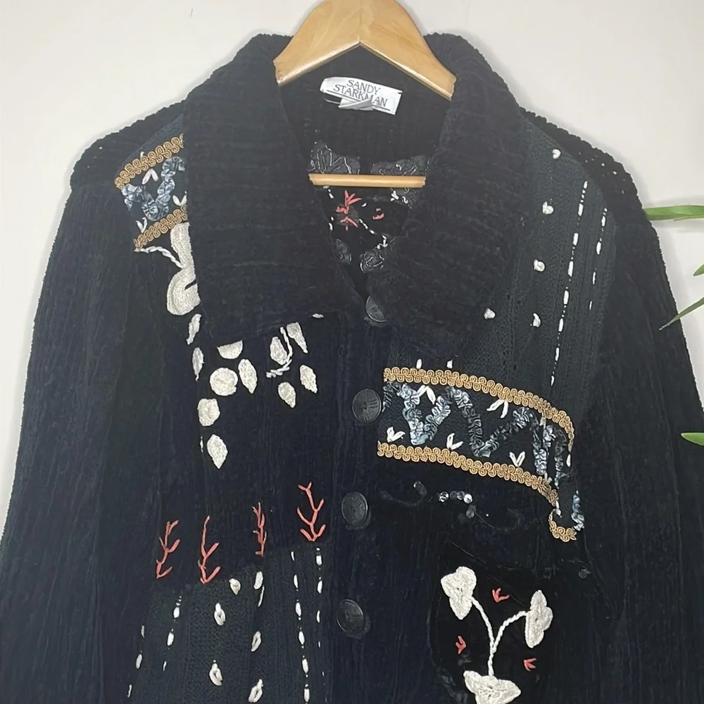 Vintage Sandy Starkman || Chenille Button Front/Ribbon Art Sweater/Jacket - Picture 5 of 17
